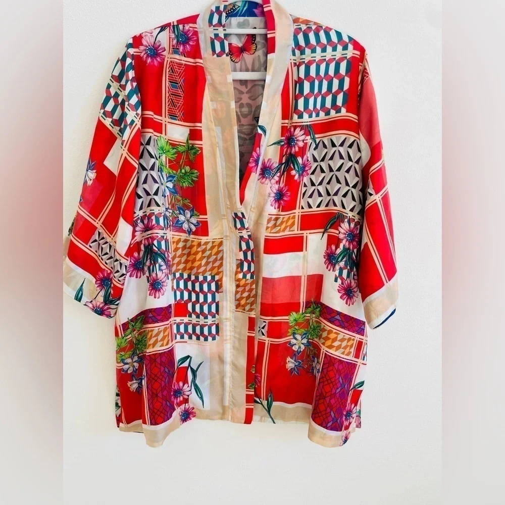 Johnny Was Blue Red multicolor floral printed Ridge Gianni reversible Kimono S